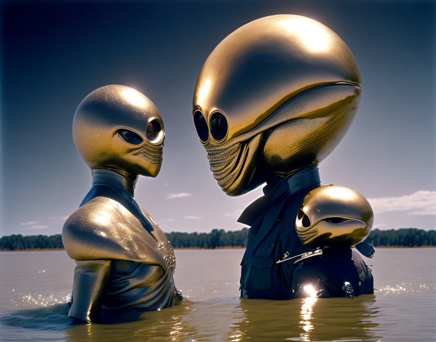 Golden stylized alien figures with oversized heads in water under scenic sky