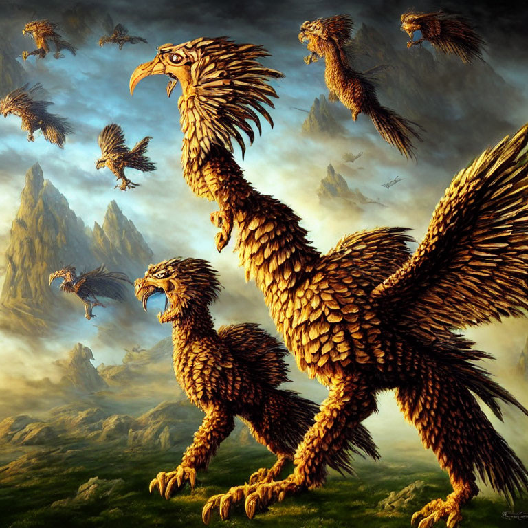 Detailed Artwork of Giant Eagles in Mountain Landscape