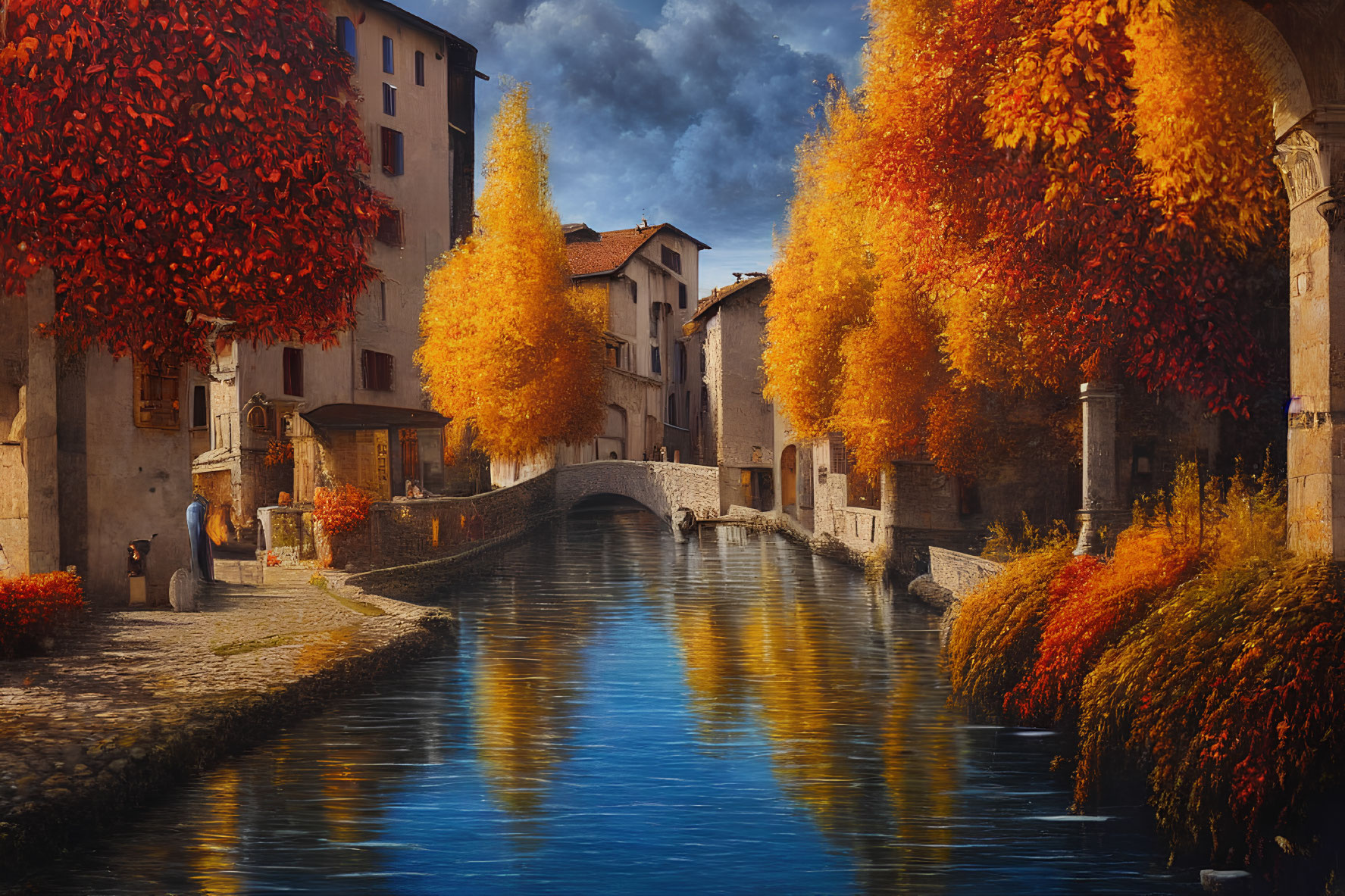 Tranquil canal with fiery-hued trees, historic stone buildings, and cobbled streets under dramatic