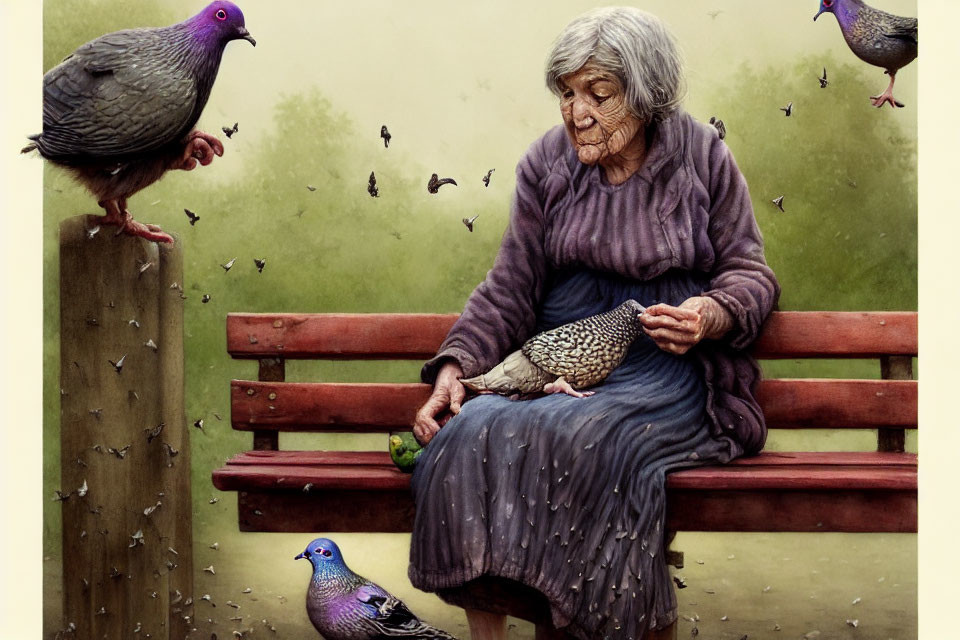 Elderly lady feeding bird on bench amidst pigeons and butterflies