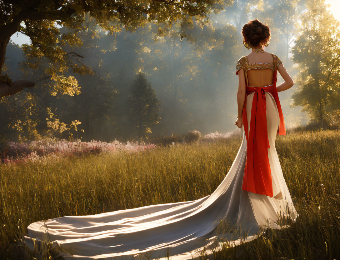 Woman in white dress with red accents in sunlit field gazing at misty forest