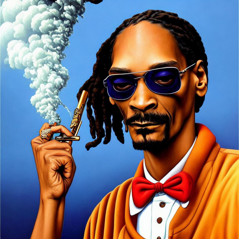 Man in Sunglasses Smoking with Bowtie and Smoke-Emitting Object