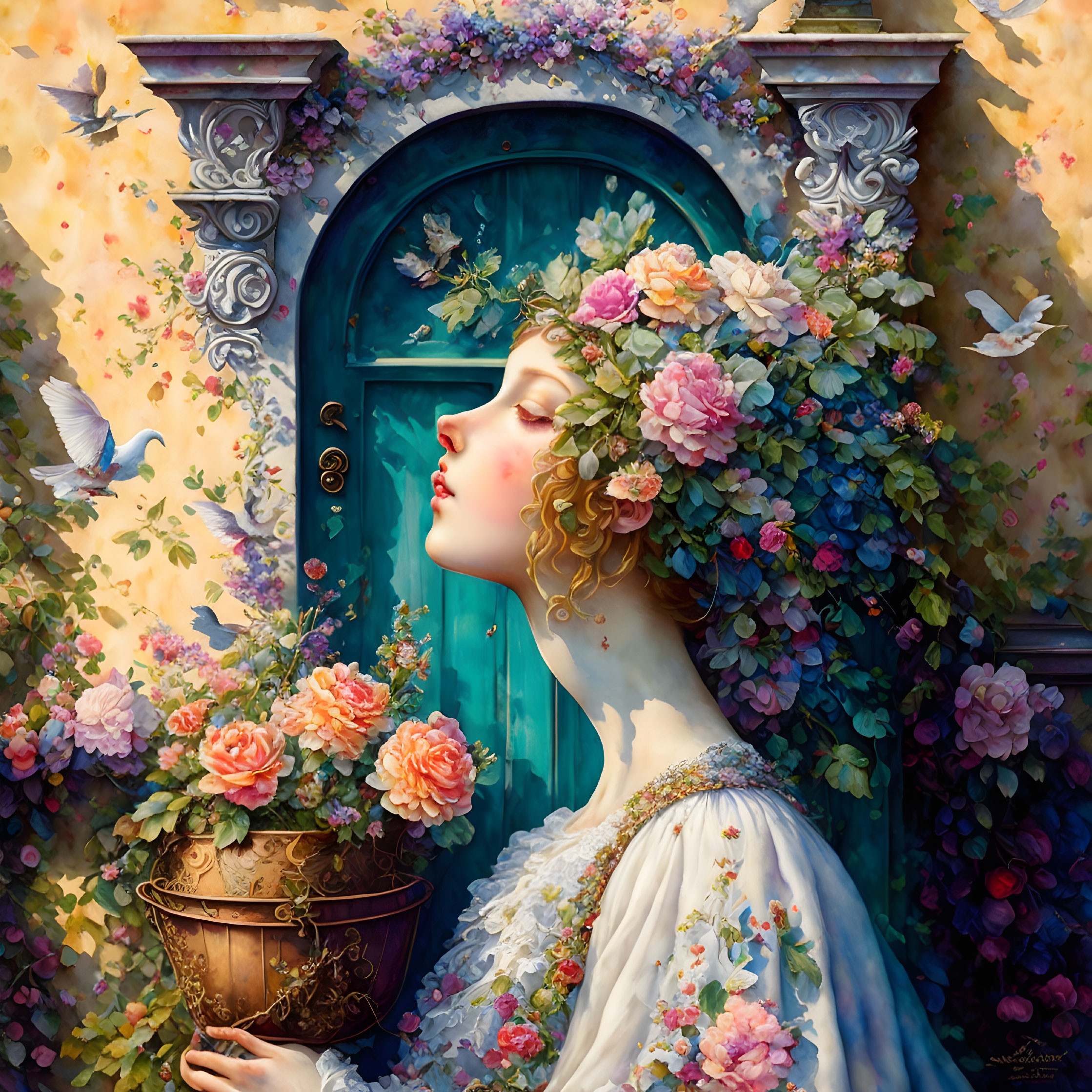 Woman with flower crown by teal door holding vase with birds fluttering