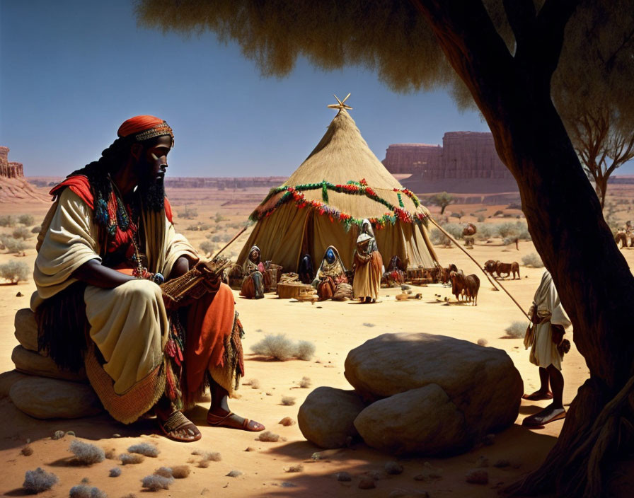 Man in traditional clothing sitting under tree near decorated hut in desert landscape