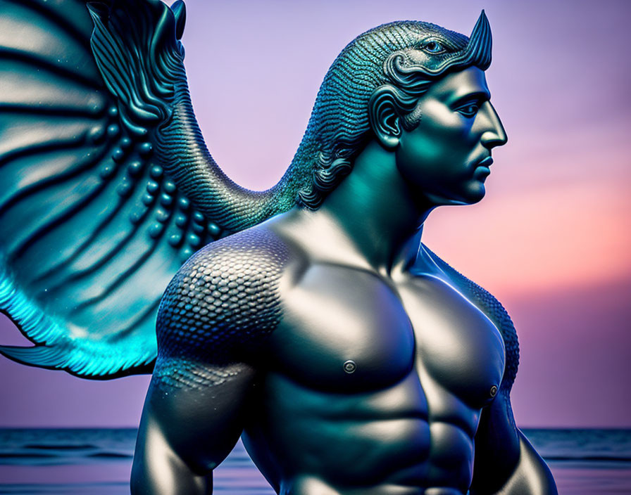 Muscular mythical figure with wings and horned helmet in digital art against sunset sky and calm sea.