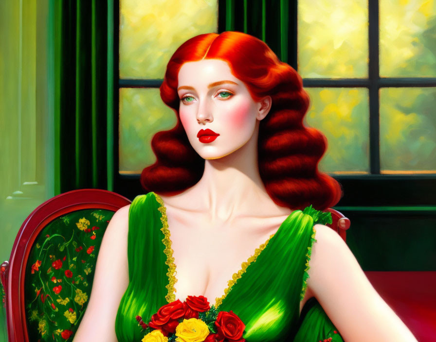 Vibrant red-haired woman in emerald green dress by window with yellow light