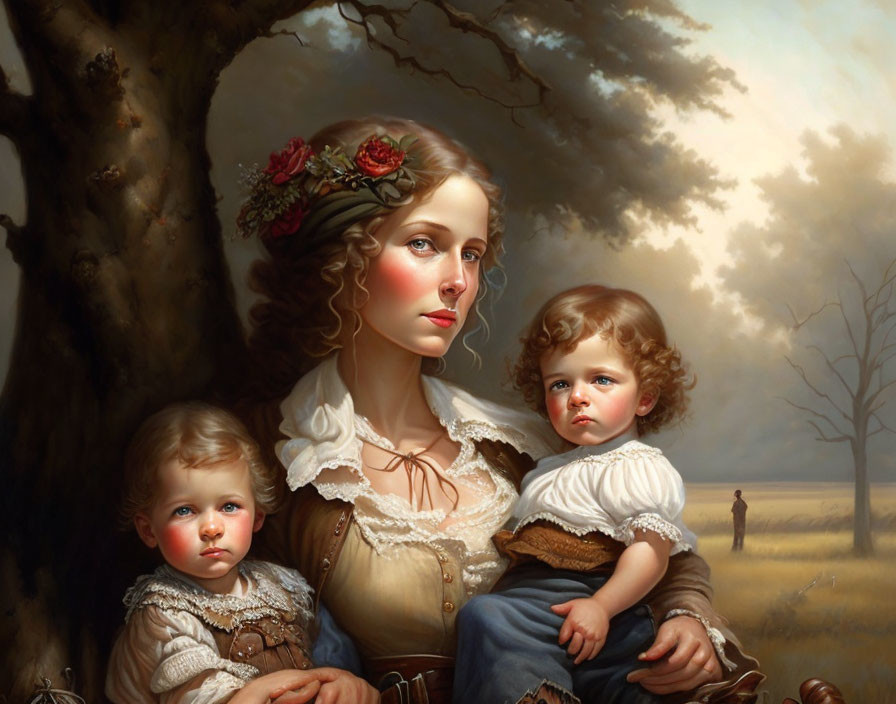 Classic Painting: Woman with Floral Headpiece, Children, and Distant Figure