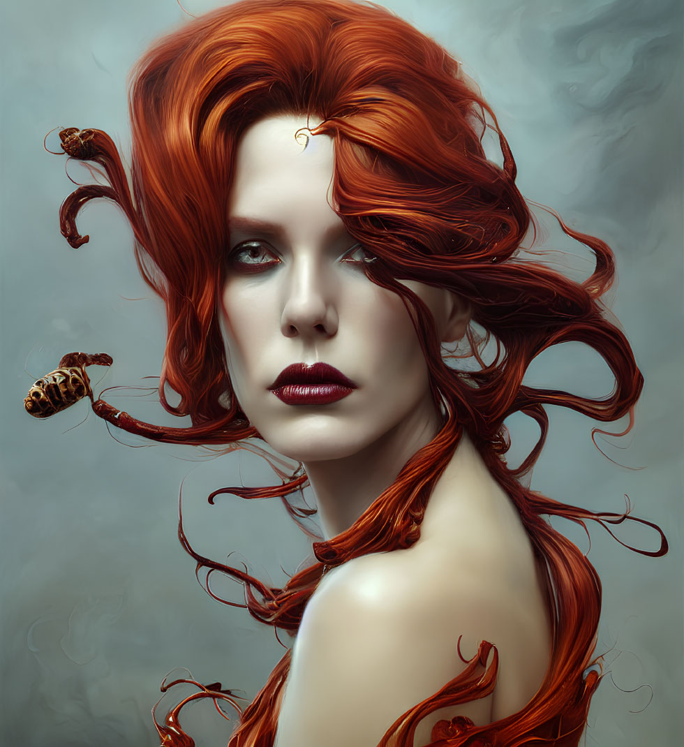 Vibrant digital portrait: woman with red hair and bee in rich, moody setting