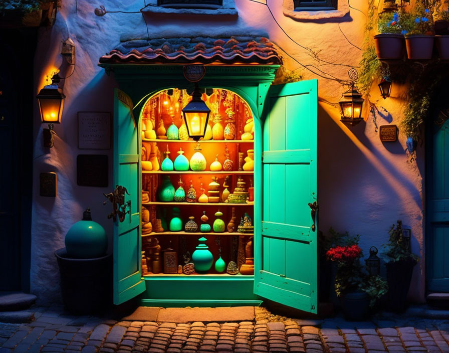 Cozy shop entrance at night with teal door and warm interior lit by yellow lights