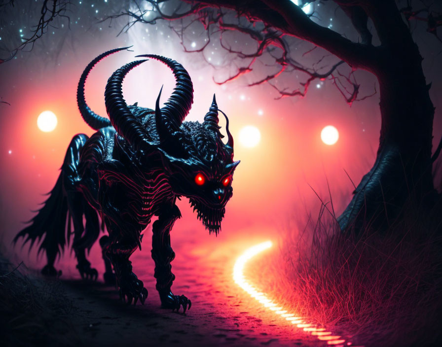 Menacing black dragon-like creature in dark landscape with glowing path and red moons