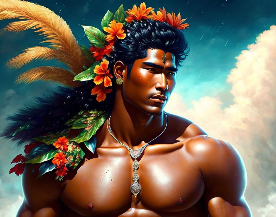 Muscular man with flowers and feathers under starry sky