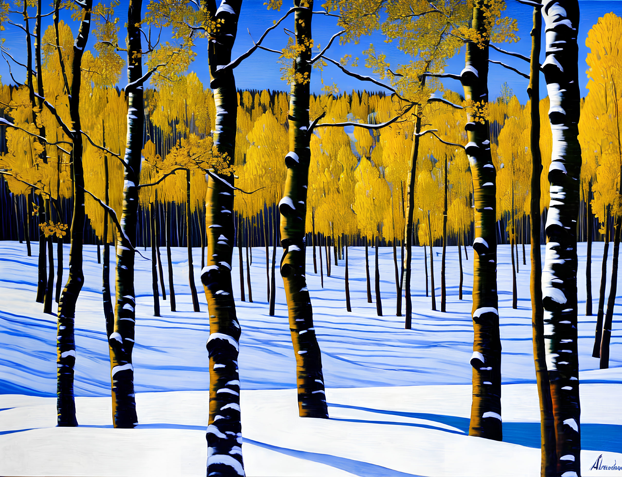 Colorful winter birch forest painting with yellow leaves, white snow, and blue sky