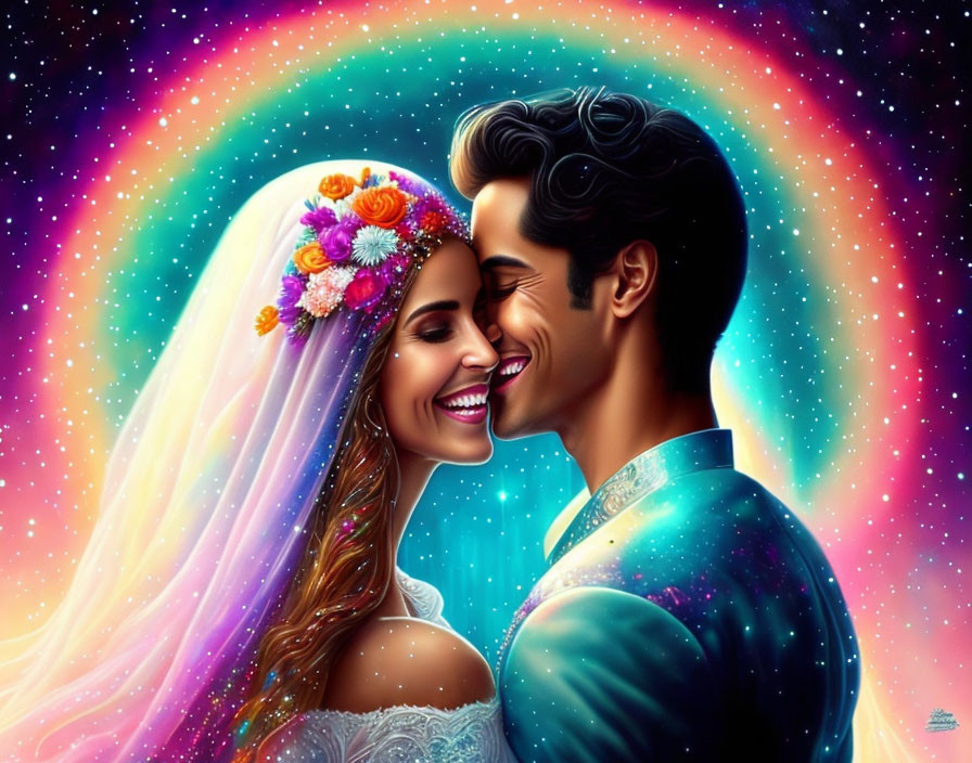 Illustrated bride and groom smiling, touching foreheads, with colorful cosmic backdrop.