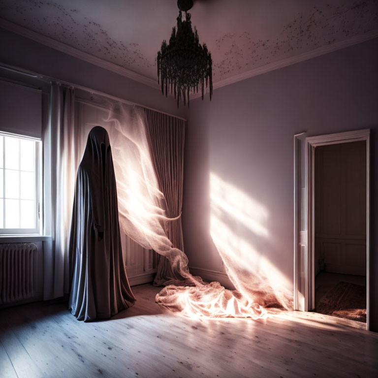 Mysterious Figure in Cloak in Vintage Room with Dramatic Lighting