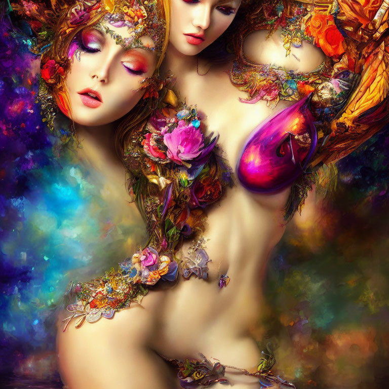 Women with floral body paint on colorful background