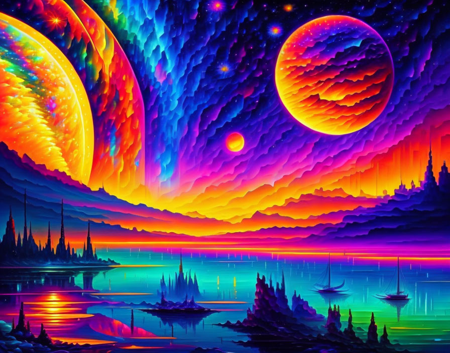 Colorful cosmic landscape with celestial bodies, luminous sky waves, spire-like formations, and sail