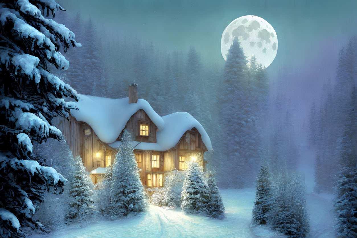 Snow-covered house with illuminated windows in serene forest setting