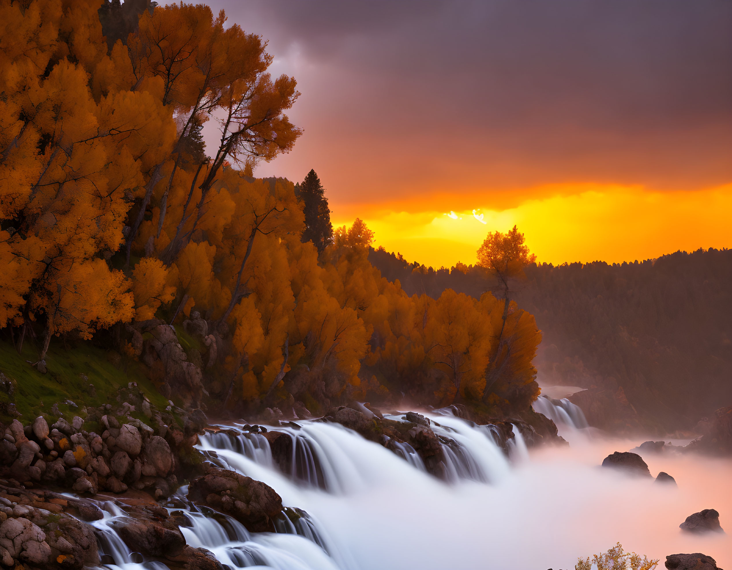 Tranquil sunset over cascading waterfall and autumn landscape