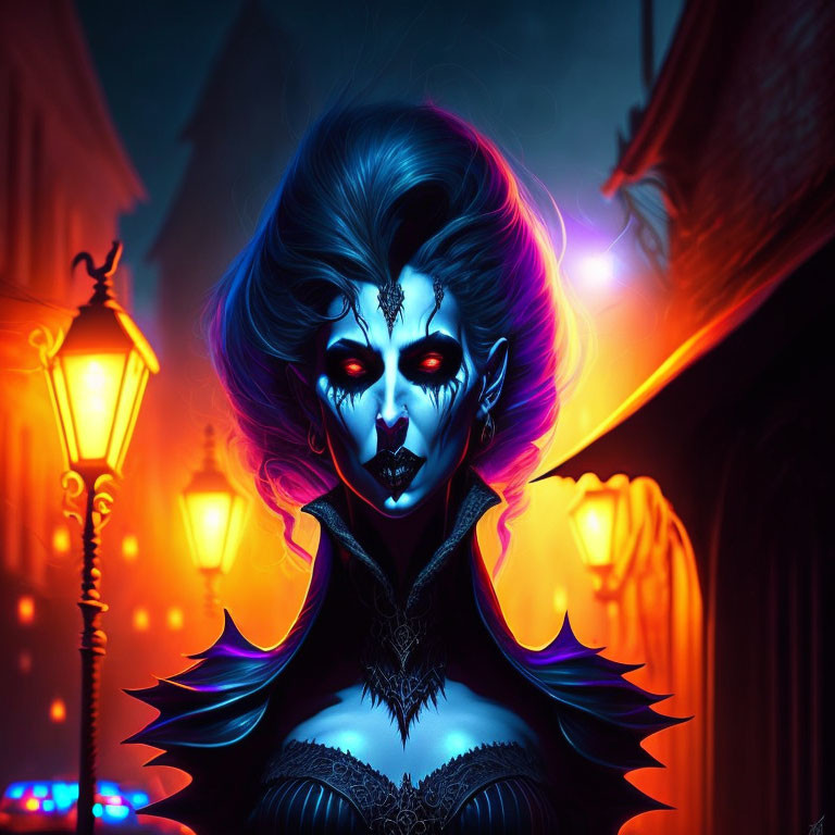 Female vampire illustration with striking eyes and neon blue highlights in gothic setting