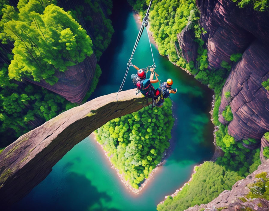 Climbers rappelling down rock arch over lush canyon forest