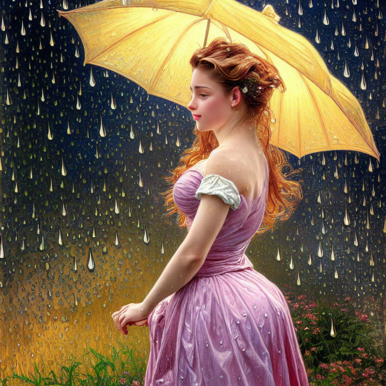 Woman in Pink Dress Holding Yellow Umbrella in Rain Shower