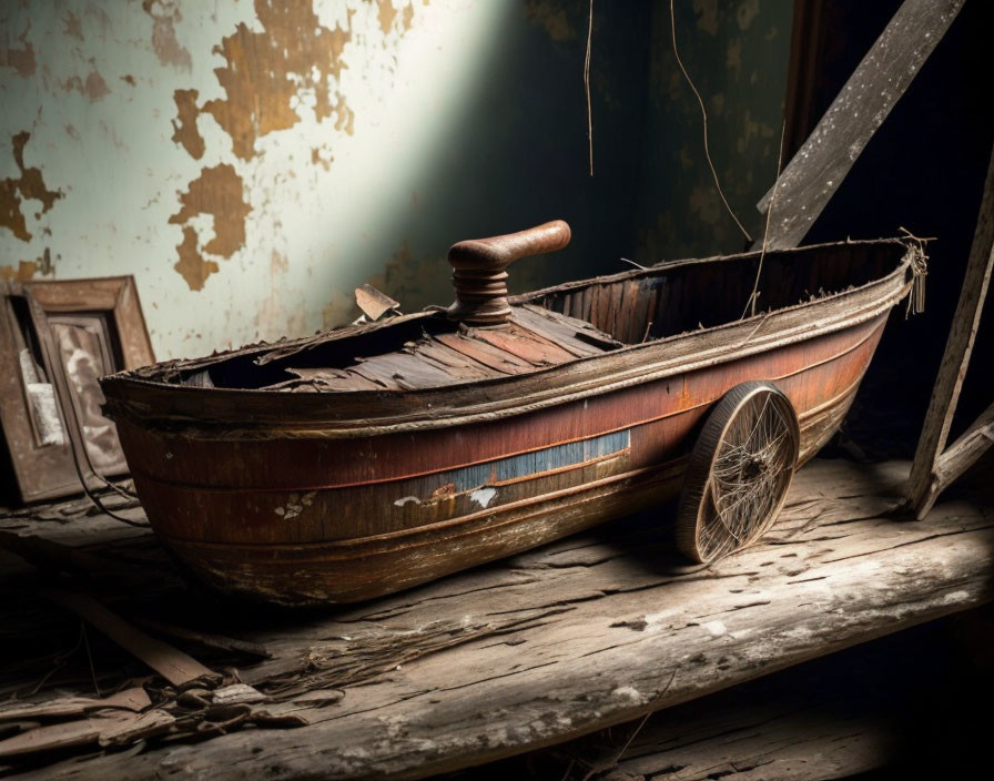 Abandoned wooden boat with broken wheel on dilapidated floor