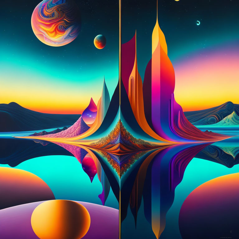 Colorful surreal digital art: landscapes, peaks, water reflections, fantastical planets