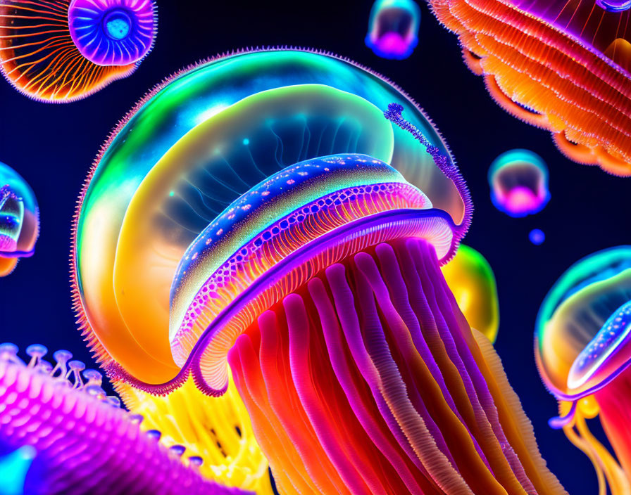 Colorful digitally enhanced jellyfish on dark blue background