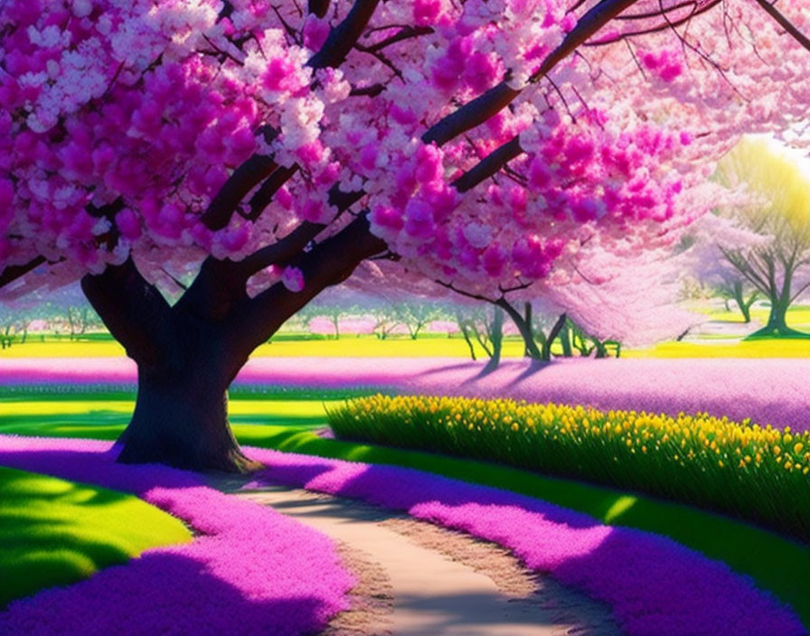 Vivid Spring Scene with Pink Cherry Blossoms and Winding Pathway