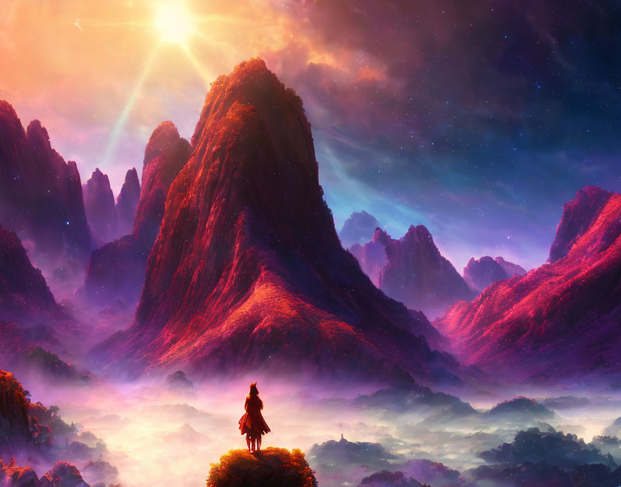 Lone figure on horseback in fantastical landscape with glowing red mountains