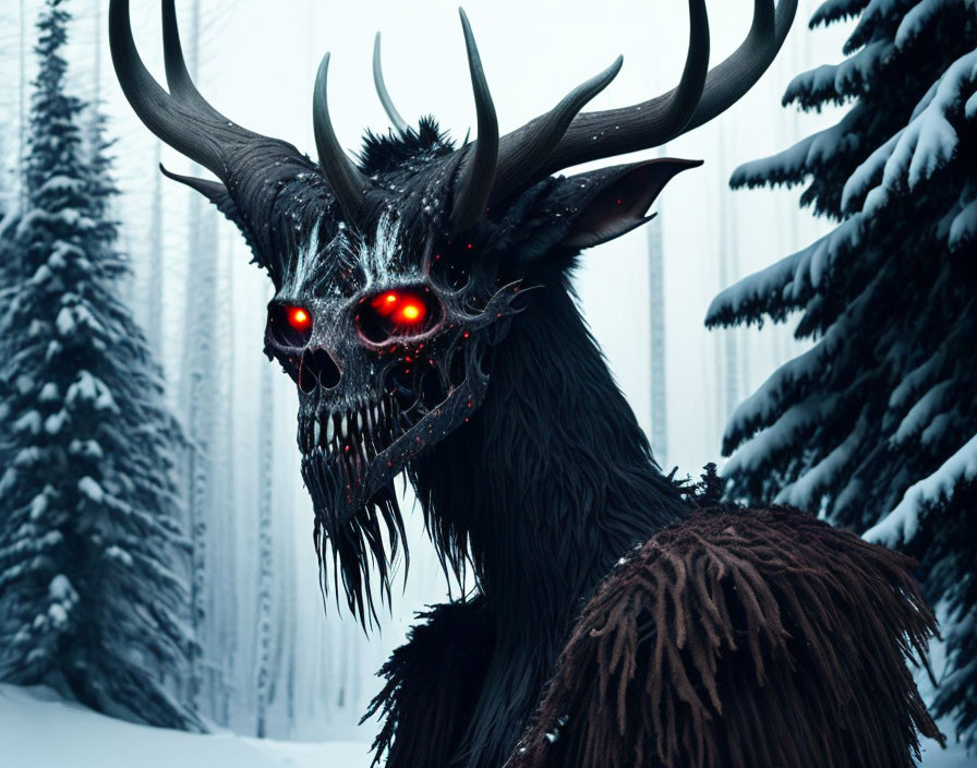 Menacing creature with antlers and glowing red eyes in snowy forest