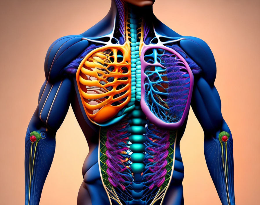 Detailed Human Thoracic Anatomy Illustration: Heart, Lungs, Vessels & Ribcage