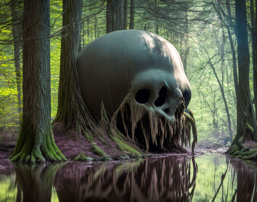 Large Skull Sculpture in Misty Forest with Reflections in Tranquil Water