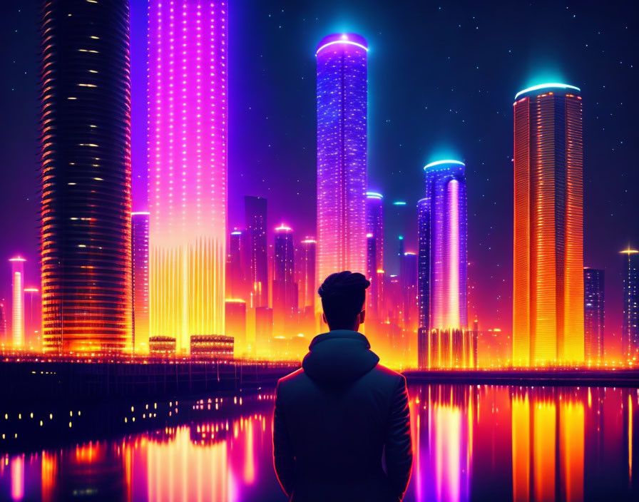 Futuristic cityscape at night with neon-lit skyscrapers reflected in water