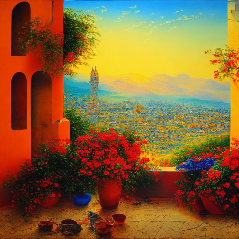 Scenic balcony view painting with red flowers, town, mountains, and sunset sky