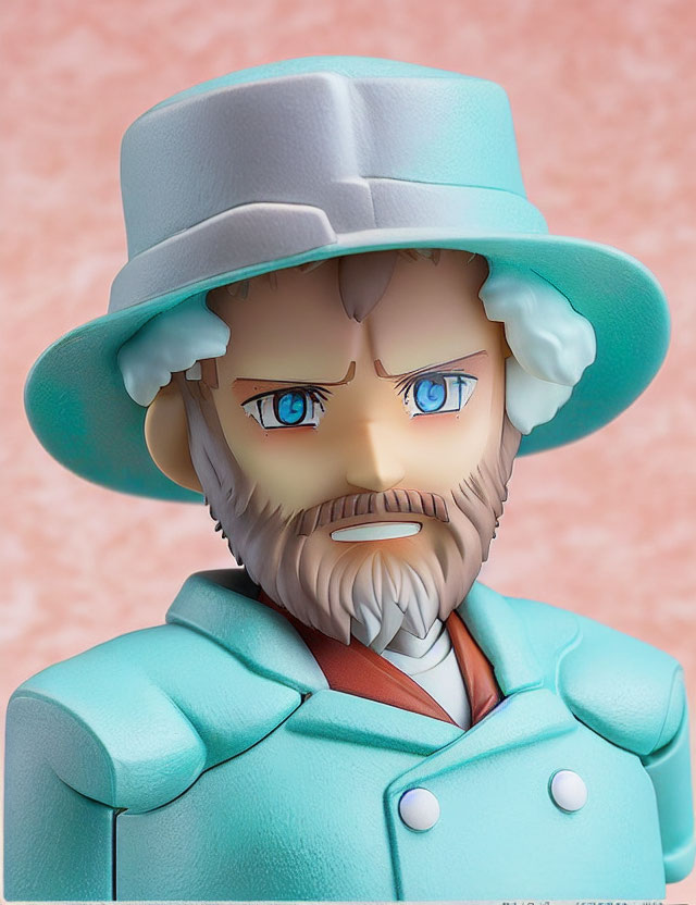 Detailed Close-Up of Serious Male Figurine in Light Blue Hat and Coat