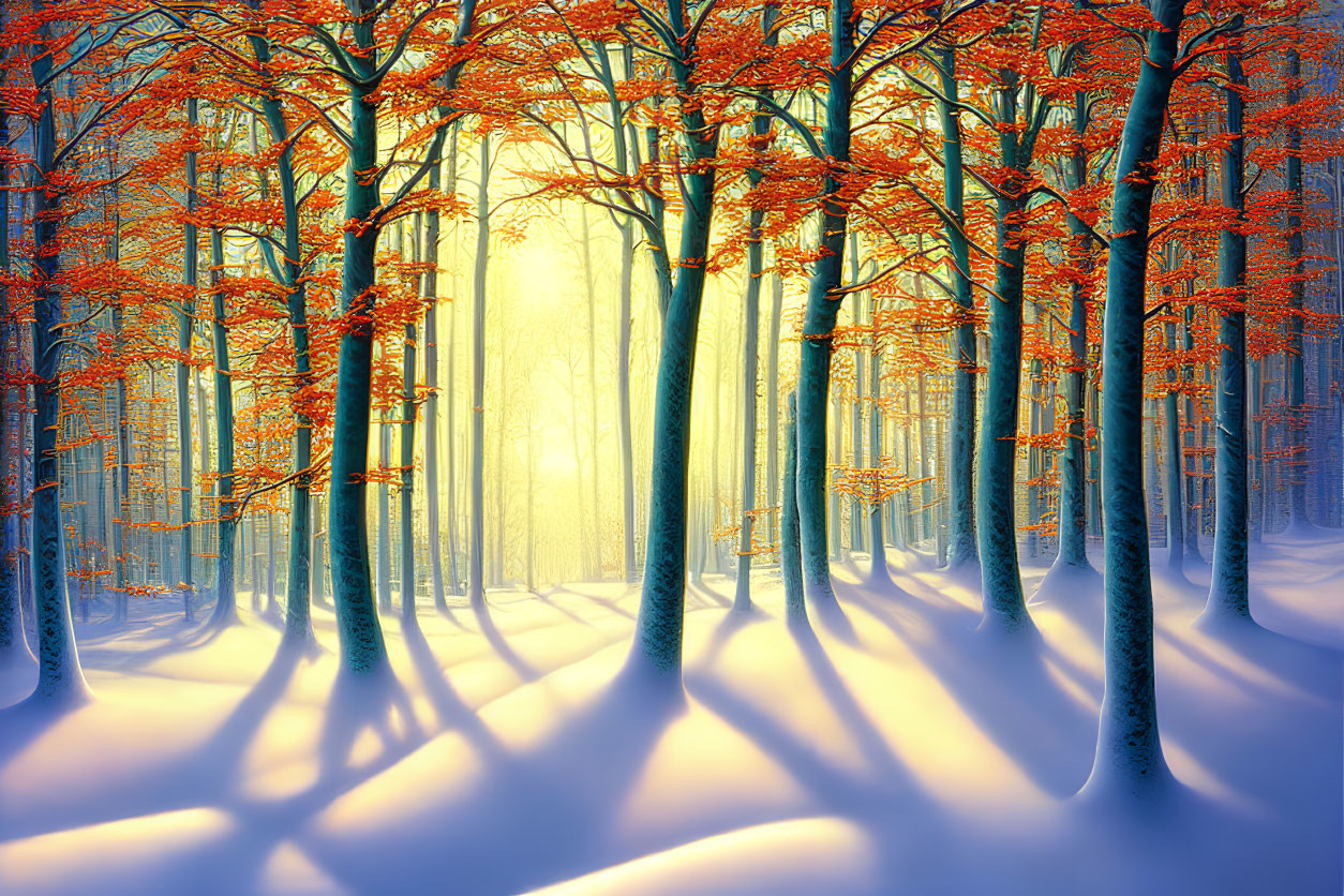 Snow-covered winter forest with orange leaves under sunlight