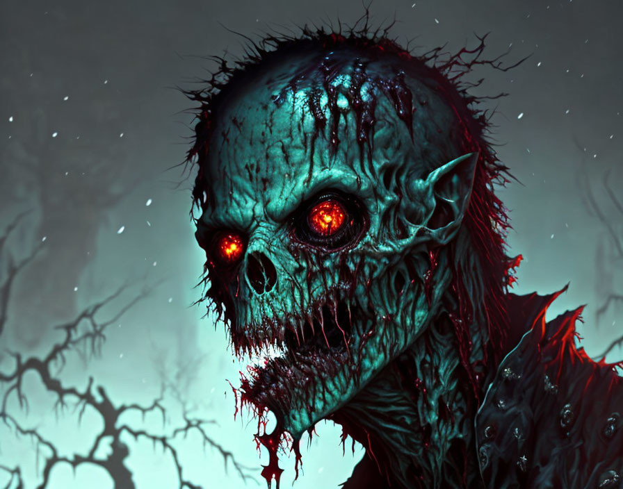 Menacing Zombie with Glowing Red Eyes in Dark, Snowy Setting