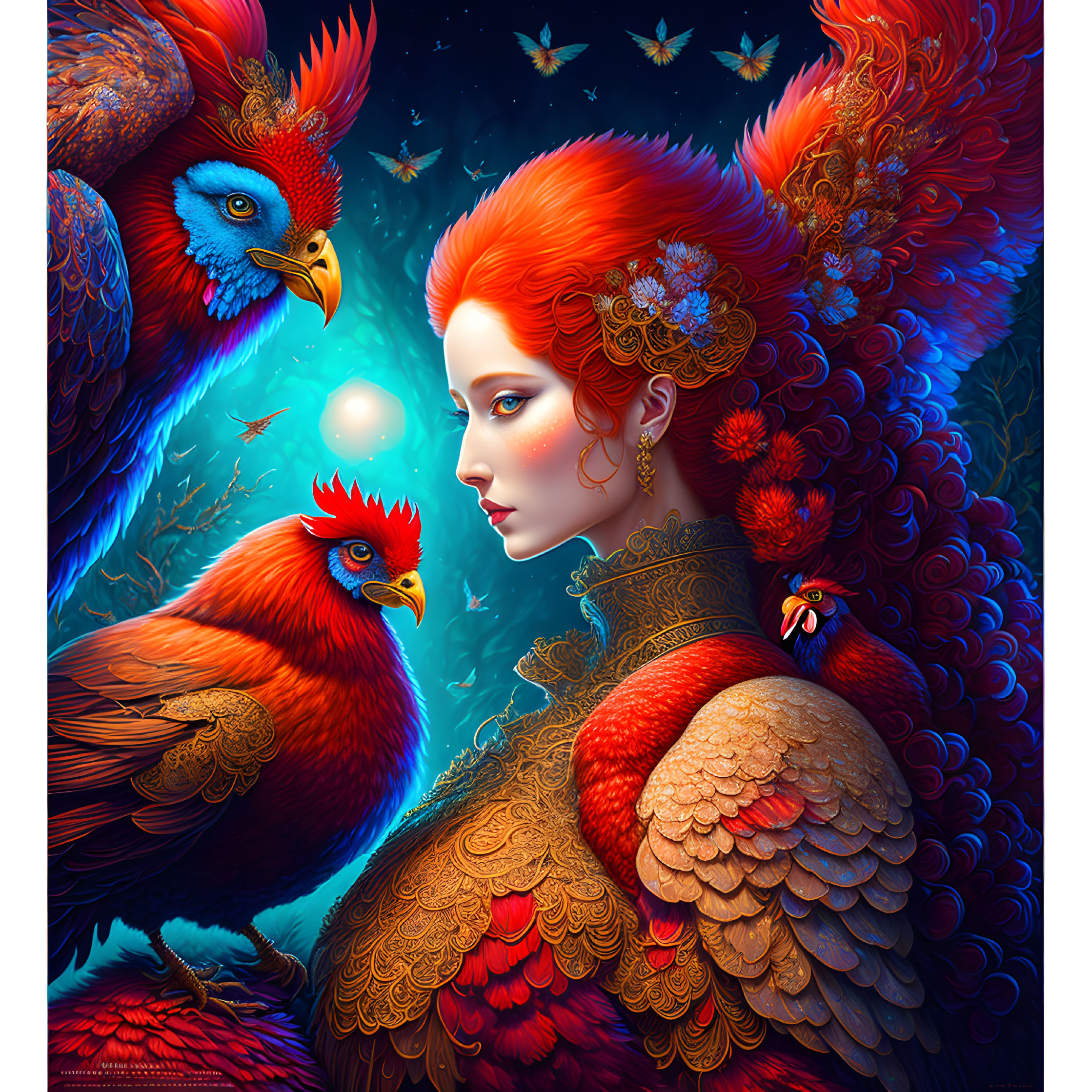 Colorful illustration of woman with red hair and phoenixes under starry sky