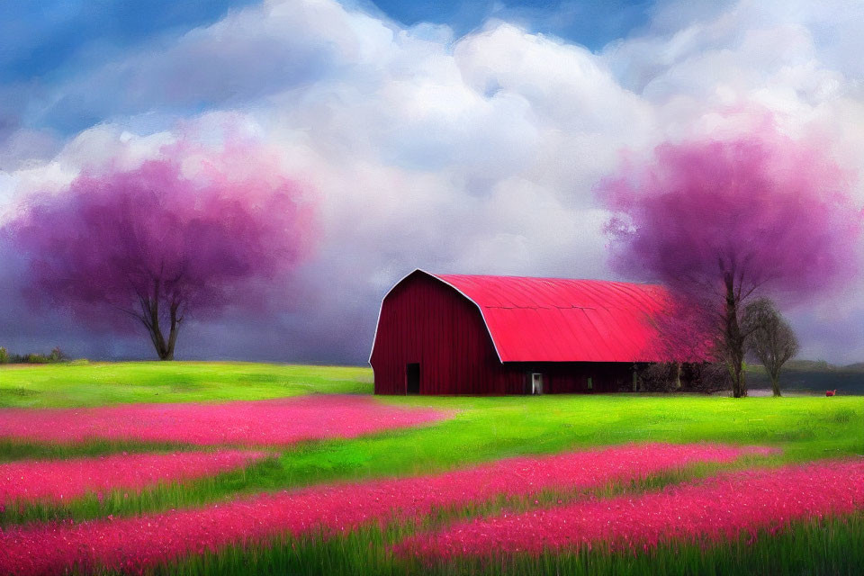 Scenic landscape painting: red barn, pink fields, dynamic sky