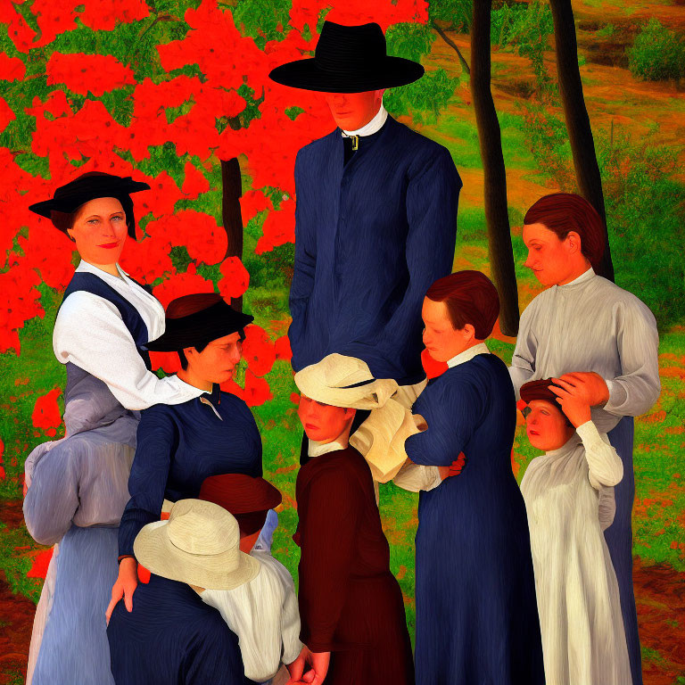 Seven individuals in old-fashioned attire against vibrant foliage