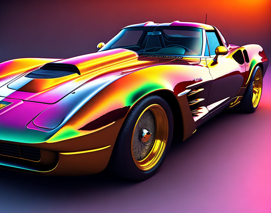 Colorful Digital Art: Classic Corvette with Iridescent Paint on Gradient Background