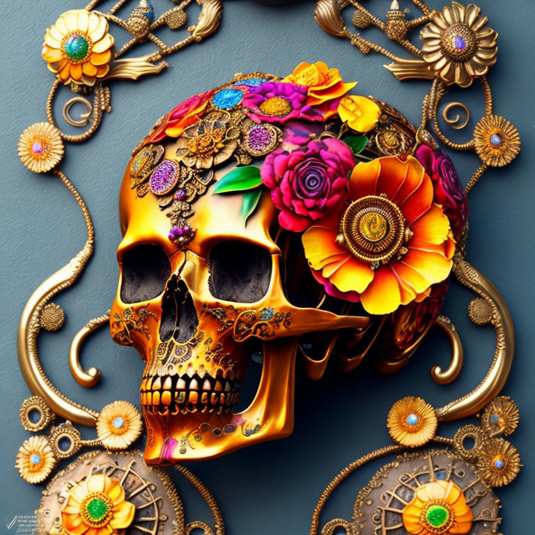 Colorful Flower-Adorned Gold Skull on Blue Background