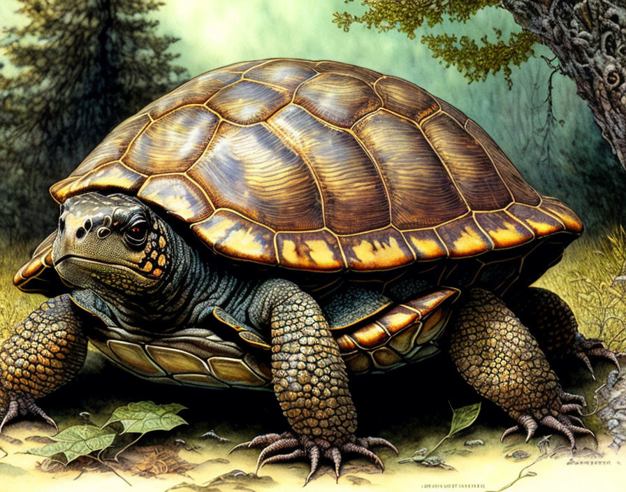 Detailed illustration of a textured brown tortoise against lush greenery