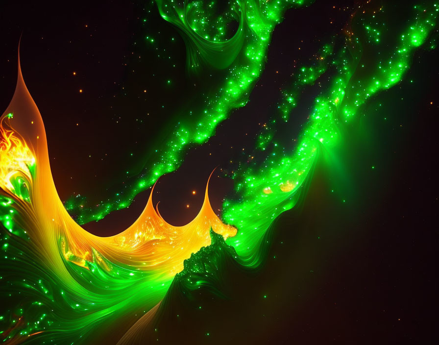 Vivid Green and Orange Swirls on Dark Background