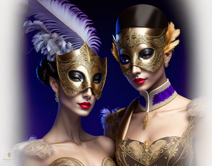 Two women in elegant attire with ornate feather and gold-accented masks at a luxurious masquer