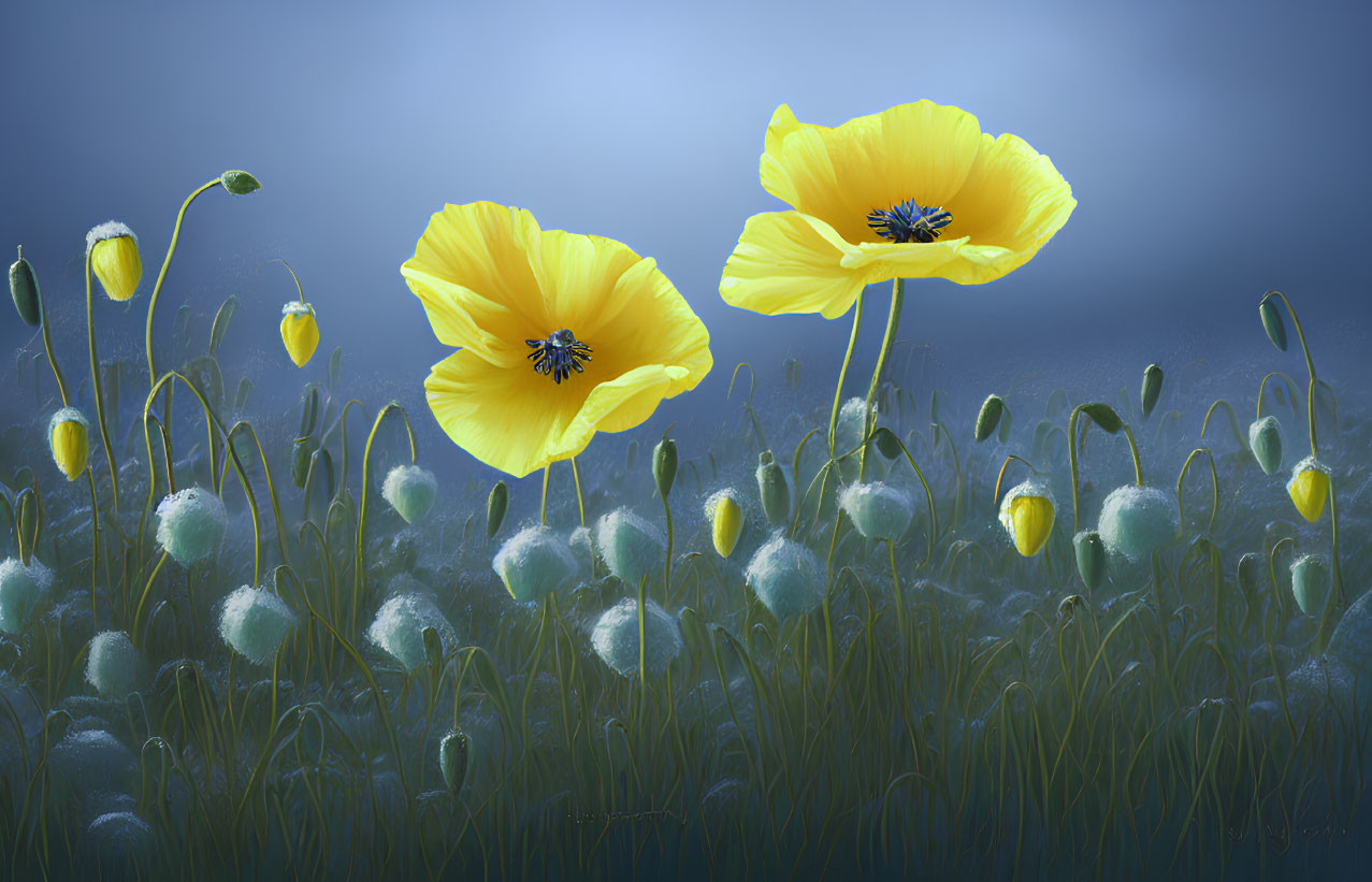 Vibrant yellow poppy flowers in bloom with green grass and blue background