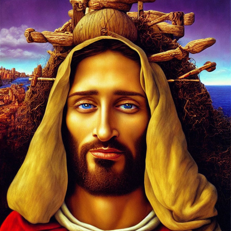 Serene man with long hair and crown of thorns in landscape painting