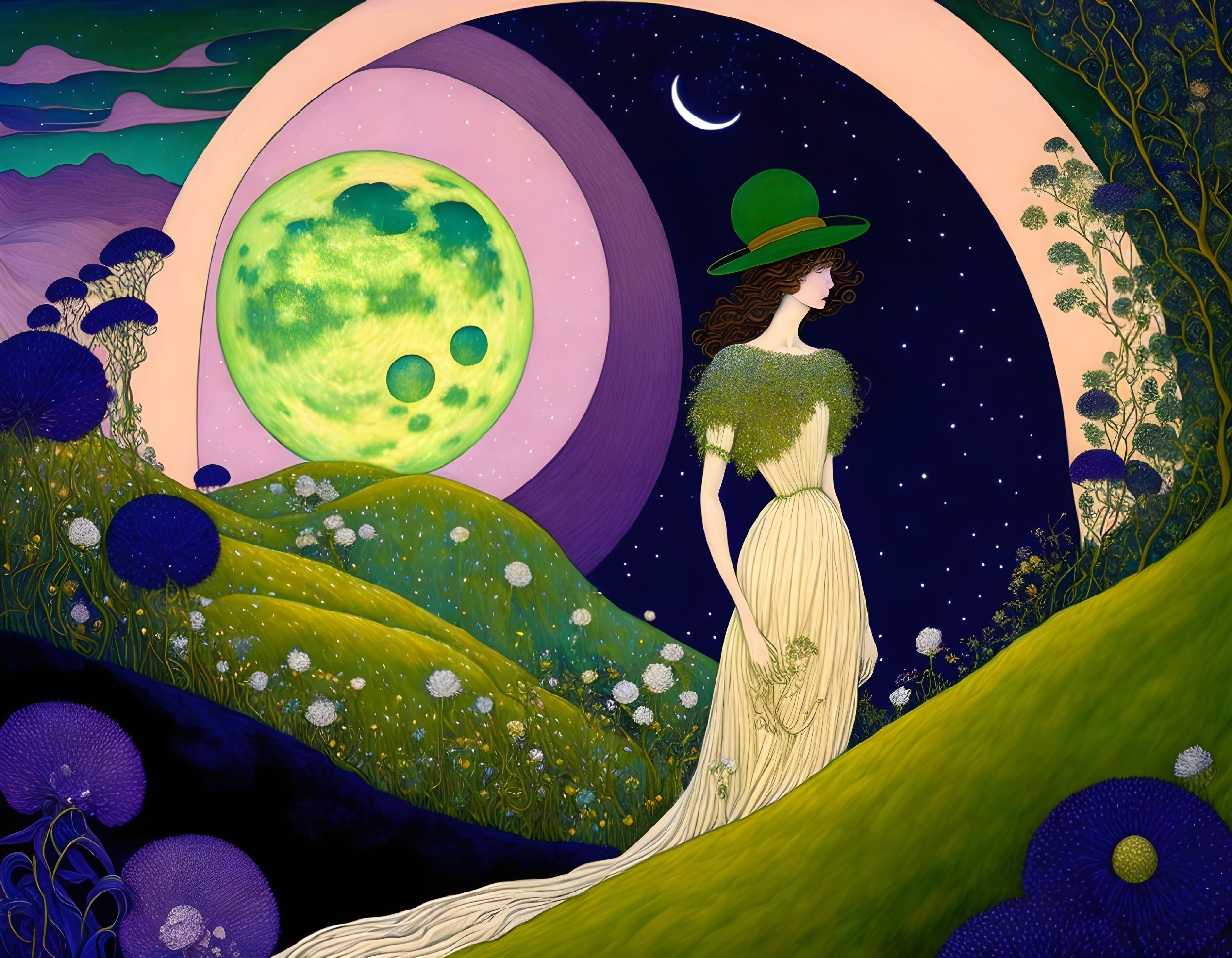 Vintage dress woman gazes at green moon in stylized night landscape