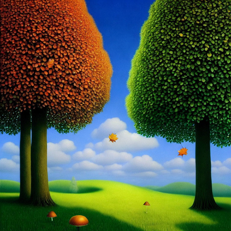 Vibrant autumn trees painting with rolling hills